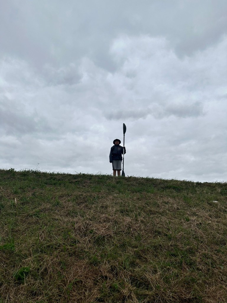 A lone figure standing on open fenland at dusk with one arm raised, beneath a wide sky